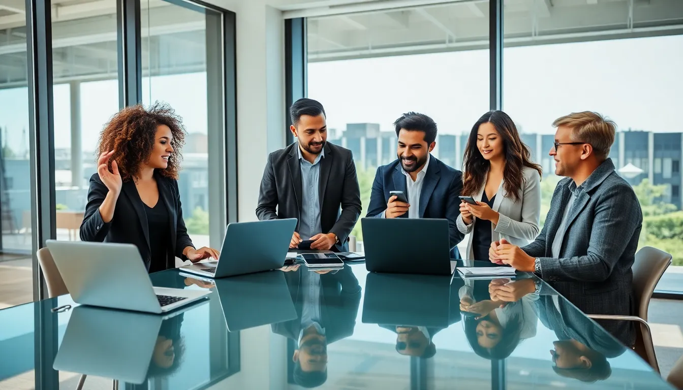 diverse team discussing strategies for engaging content in a modern office.