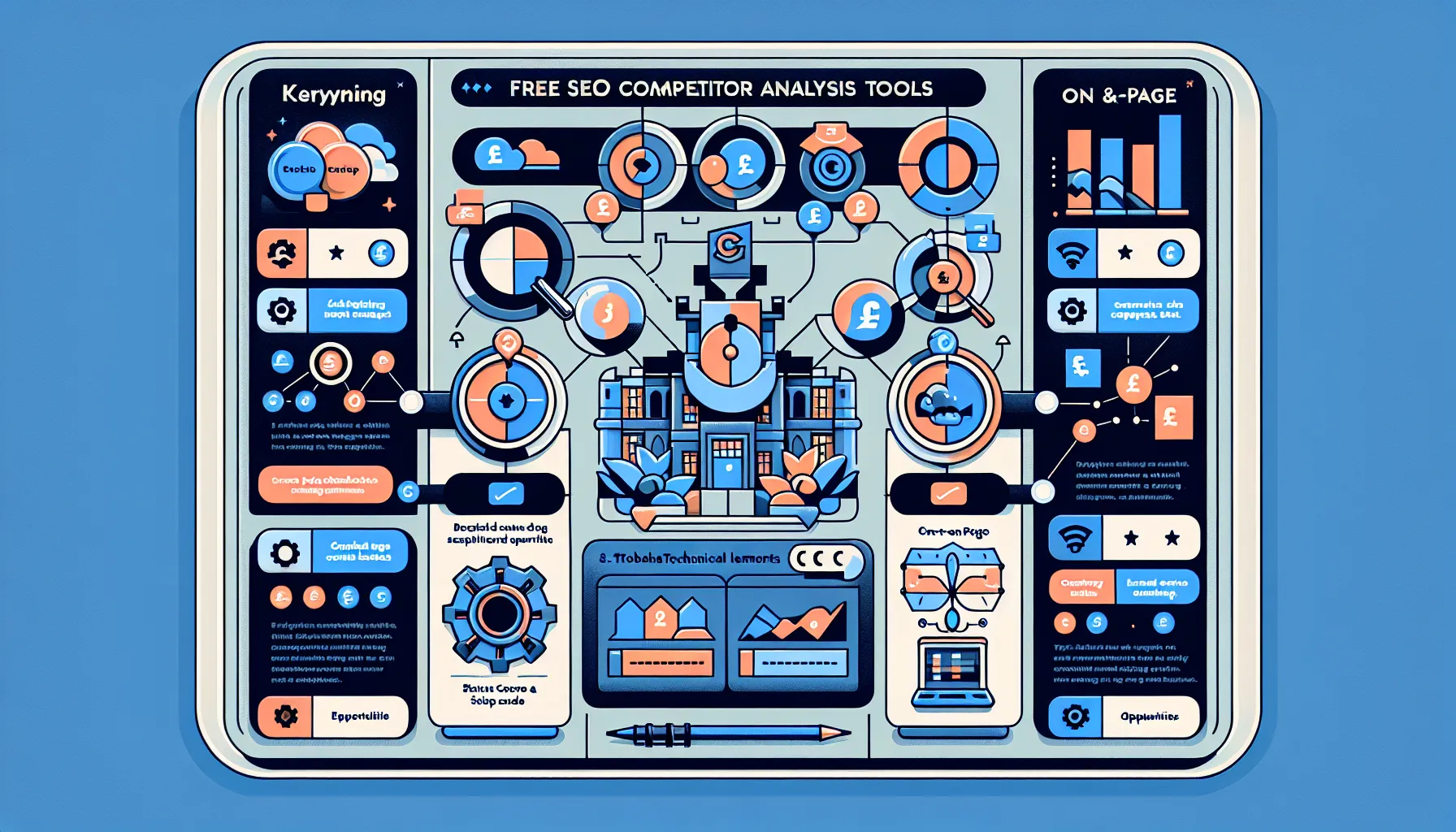 Five-panel UK-focused infographic of free SEO competitor analysis tasks.
