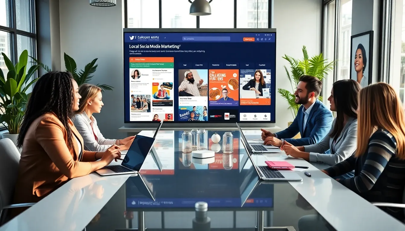 diverse marketing team strategizing local social media campaigns in a modern office.