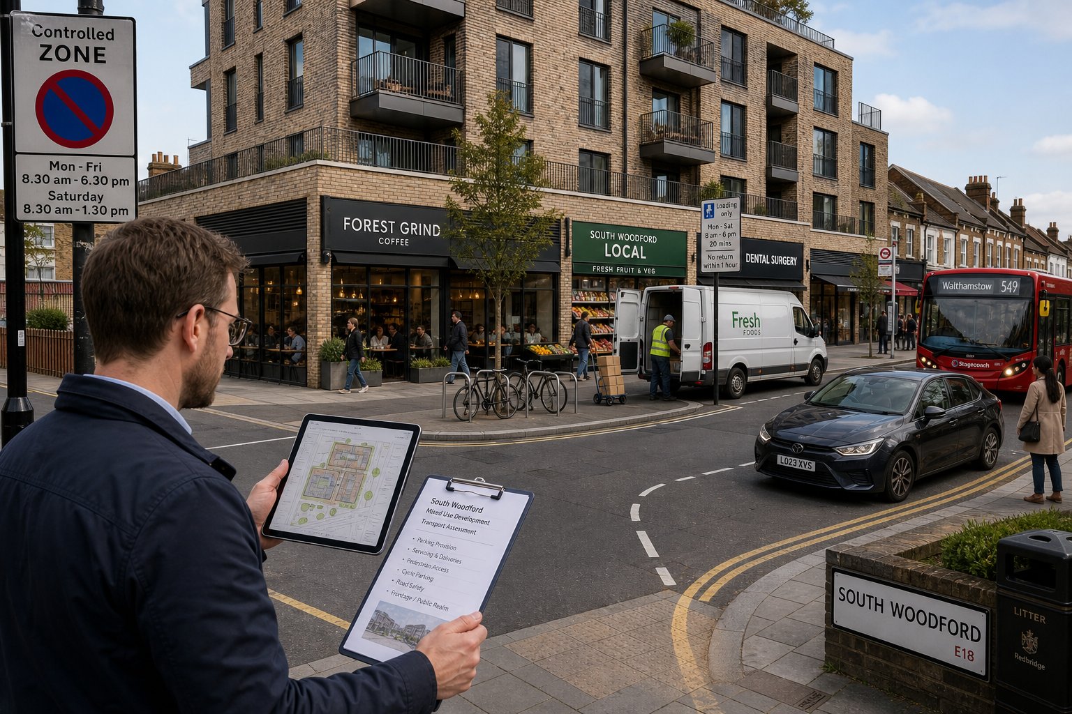 Traffic engineer assessing a mixed-use development on a South Woodford street.