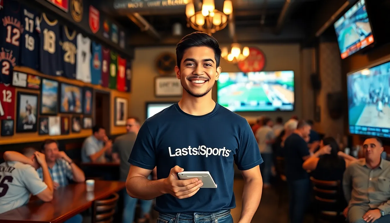 Jimmy Dominguez reporting in a lively sports bar filled with memorabilia.
