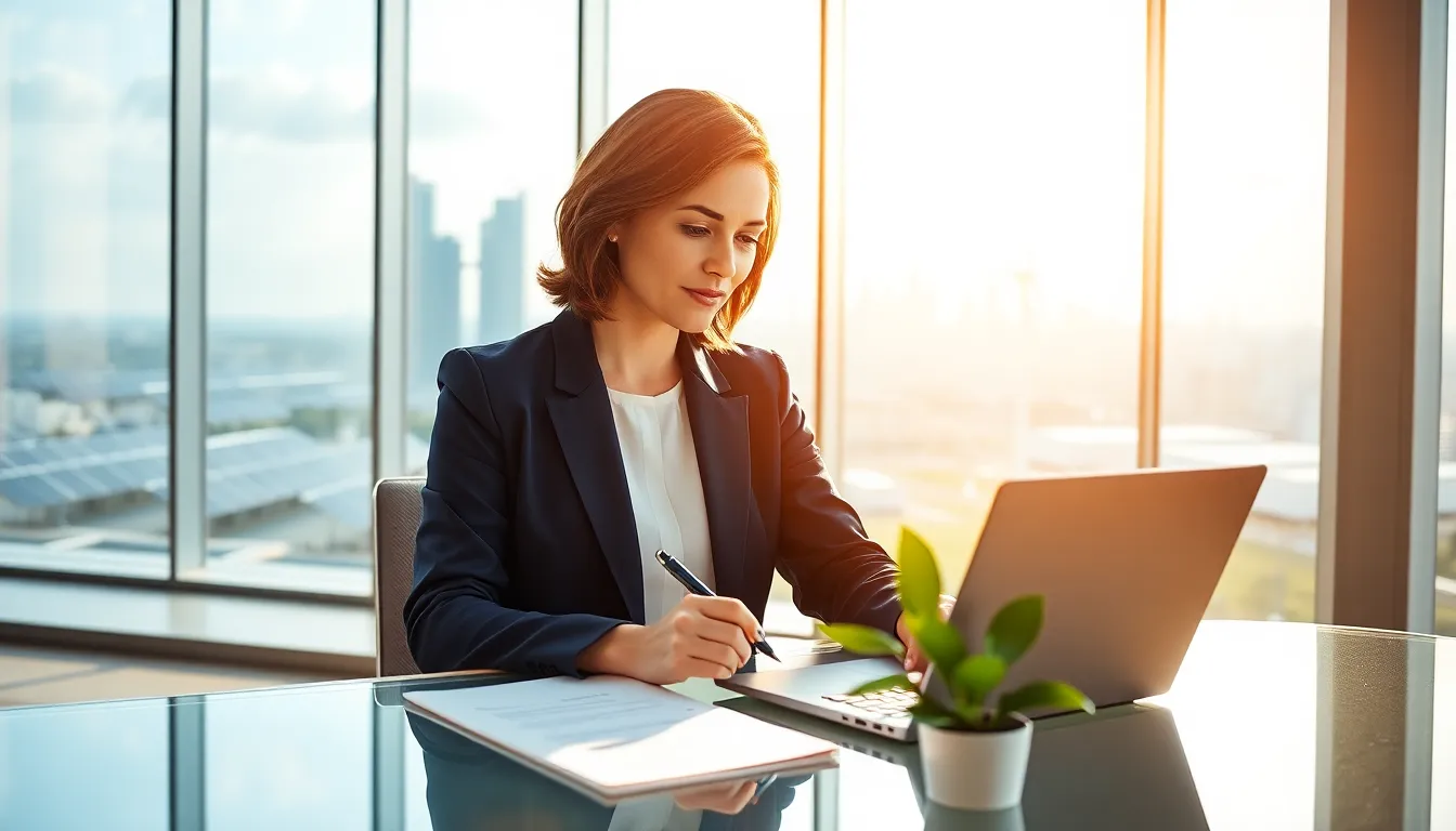 Naomi Bennett working in a bright office focusing on renewable energy initiatives.