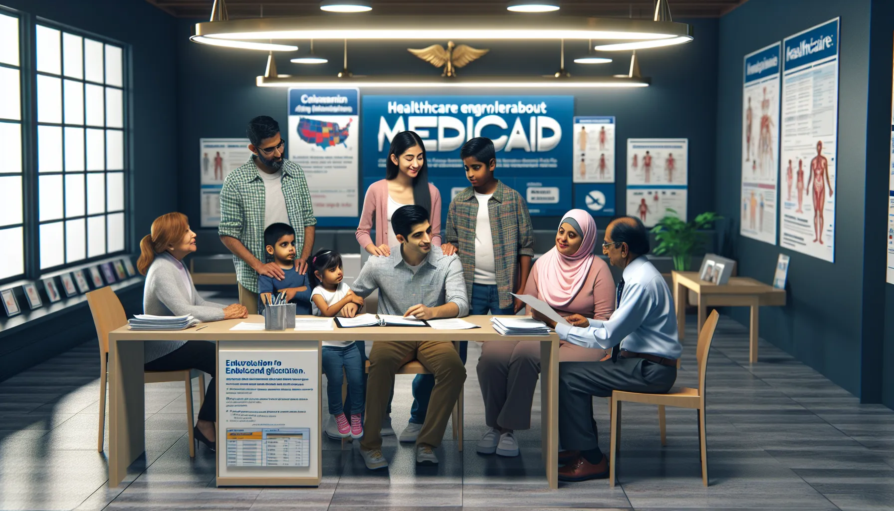 A family consulting with a representative in a Medicaid enrollment office.