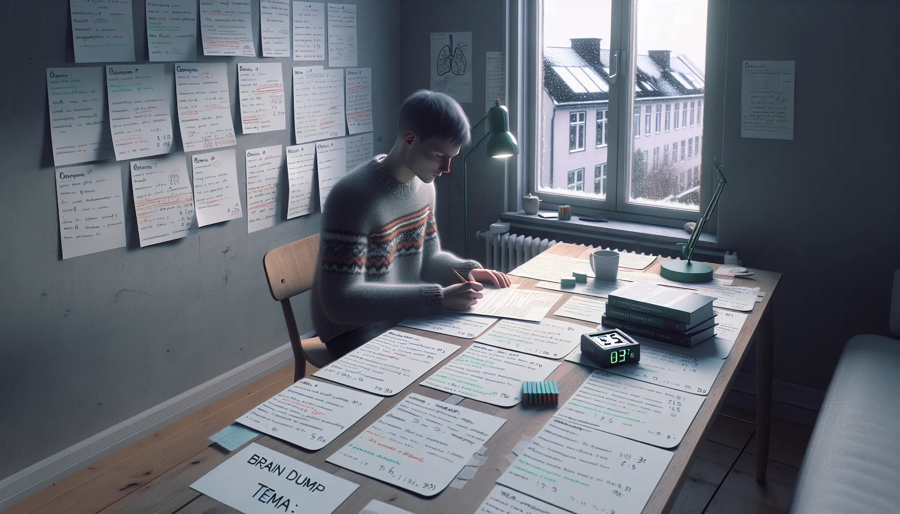 Norwegian student self-testing with flashcards, timer, and a brain-dump sheet.