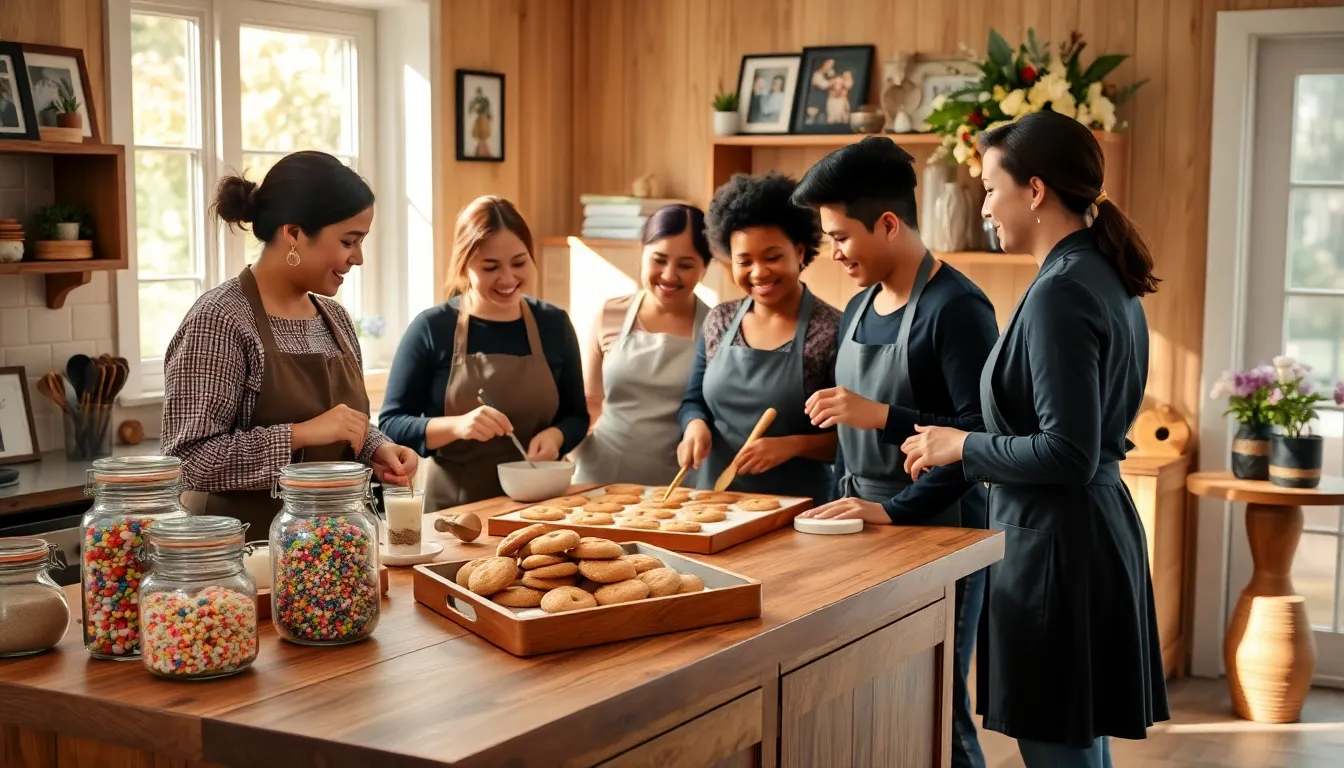 diverse bakers creating cookies in a warm, inviting kitchen.