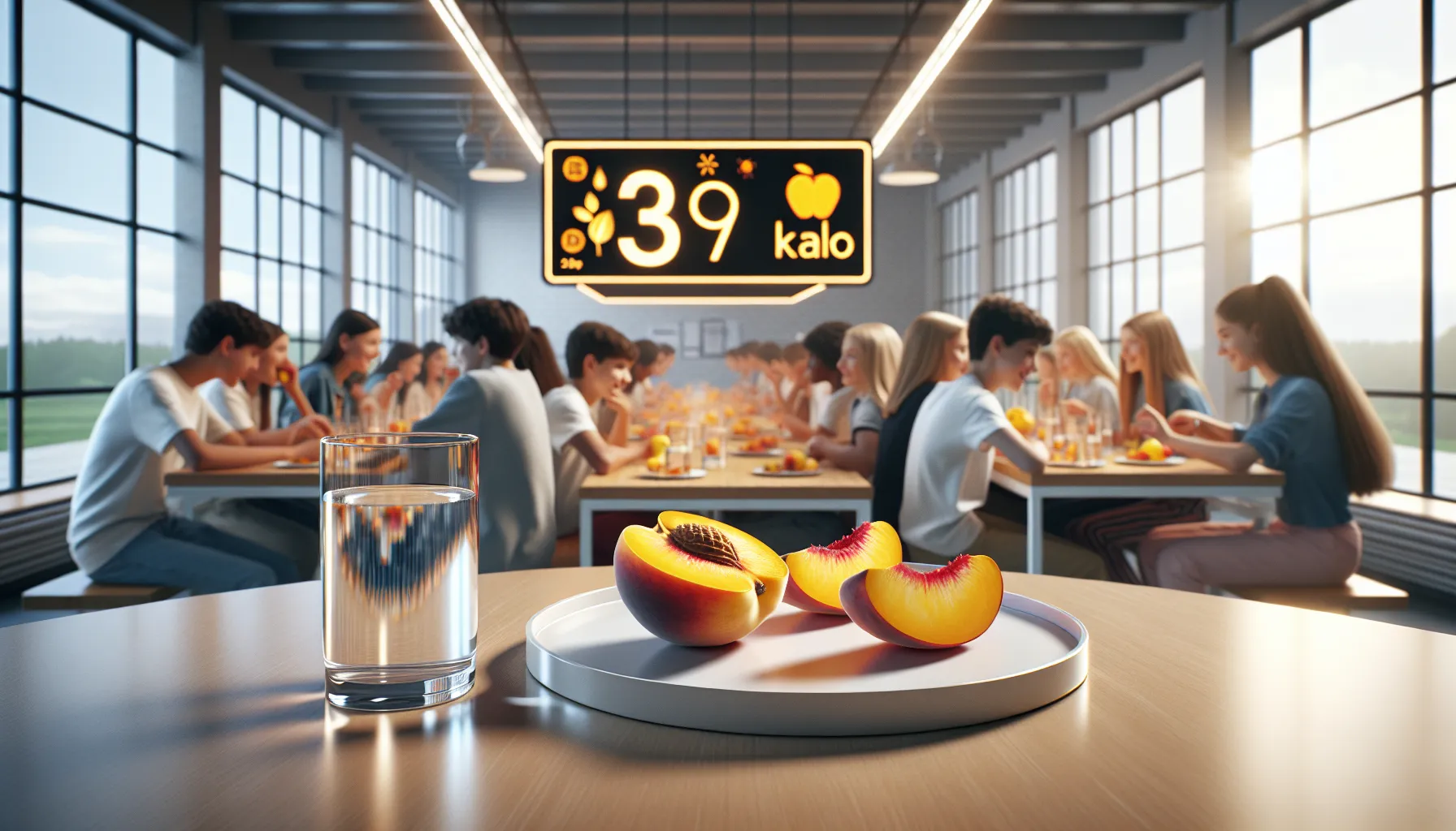 Sliced peaches on a plate in a modern school cafeteria.