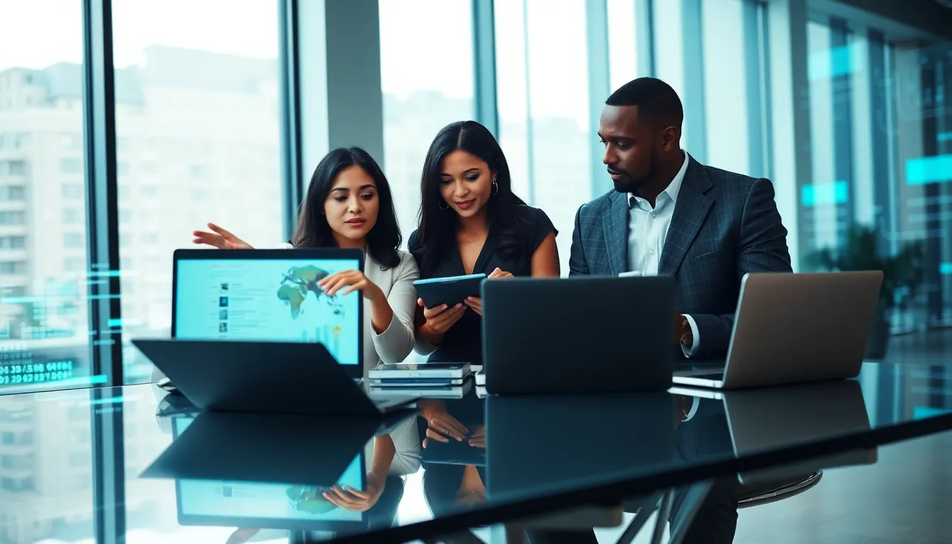 diverse professionals discussing data in a modern office.