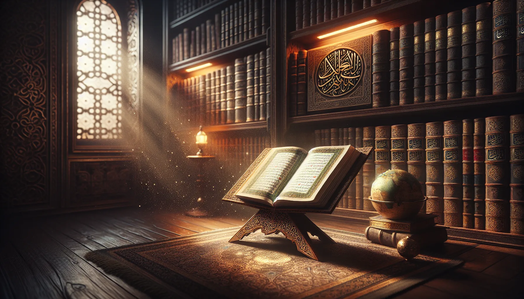 an open Quran in a dimly lit room surrounded by ancient texts.