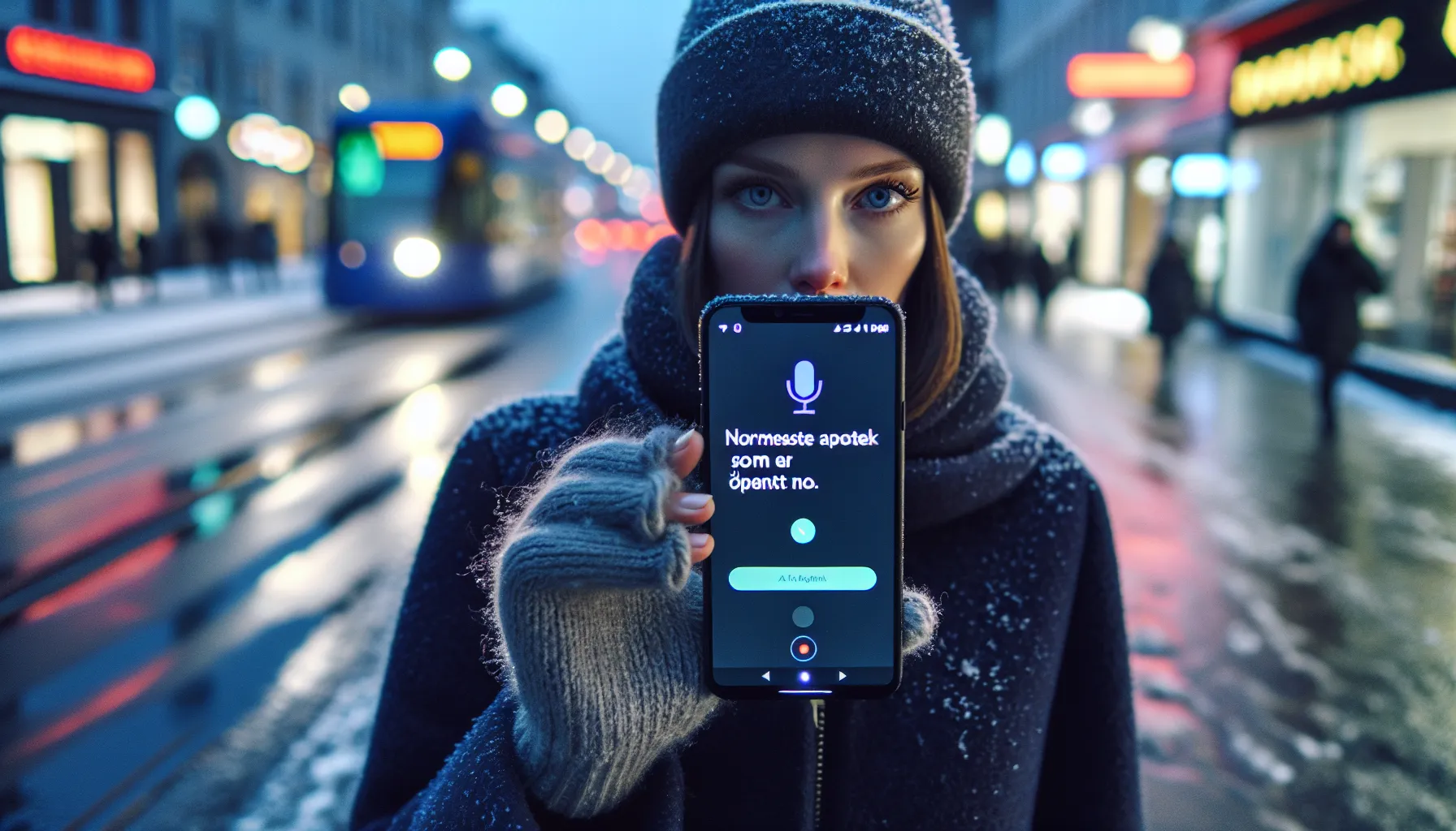 Woman using voice search in oslo to find a nearby open pharmacy at night.