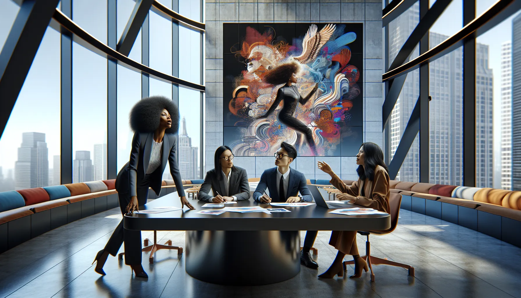 diverse professionals discussing culture in a modern office.