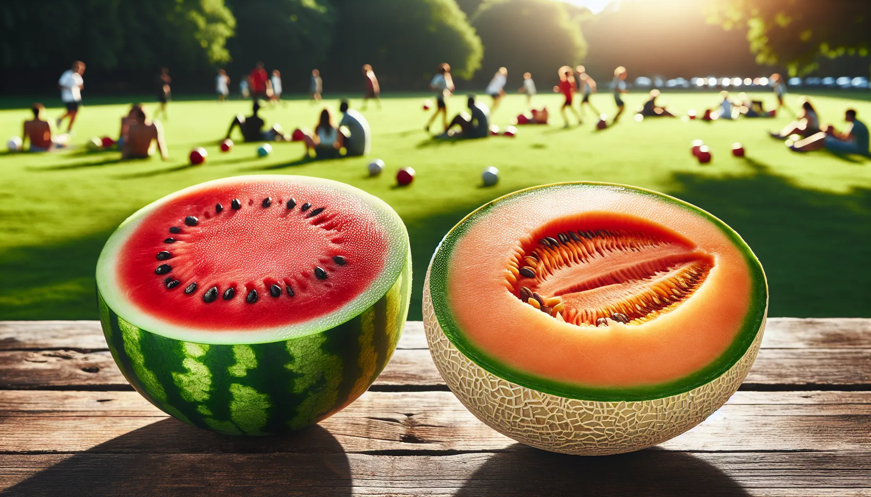 Halves of watermelon and cantaloupe on a wooden table in a summer park.