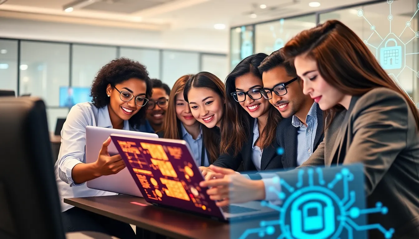 diverse professionals collaborating in a modern cybersecurity office.