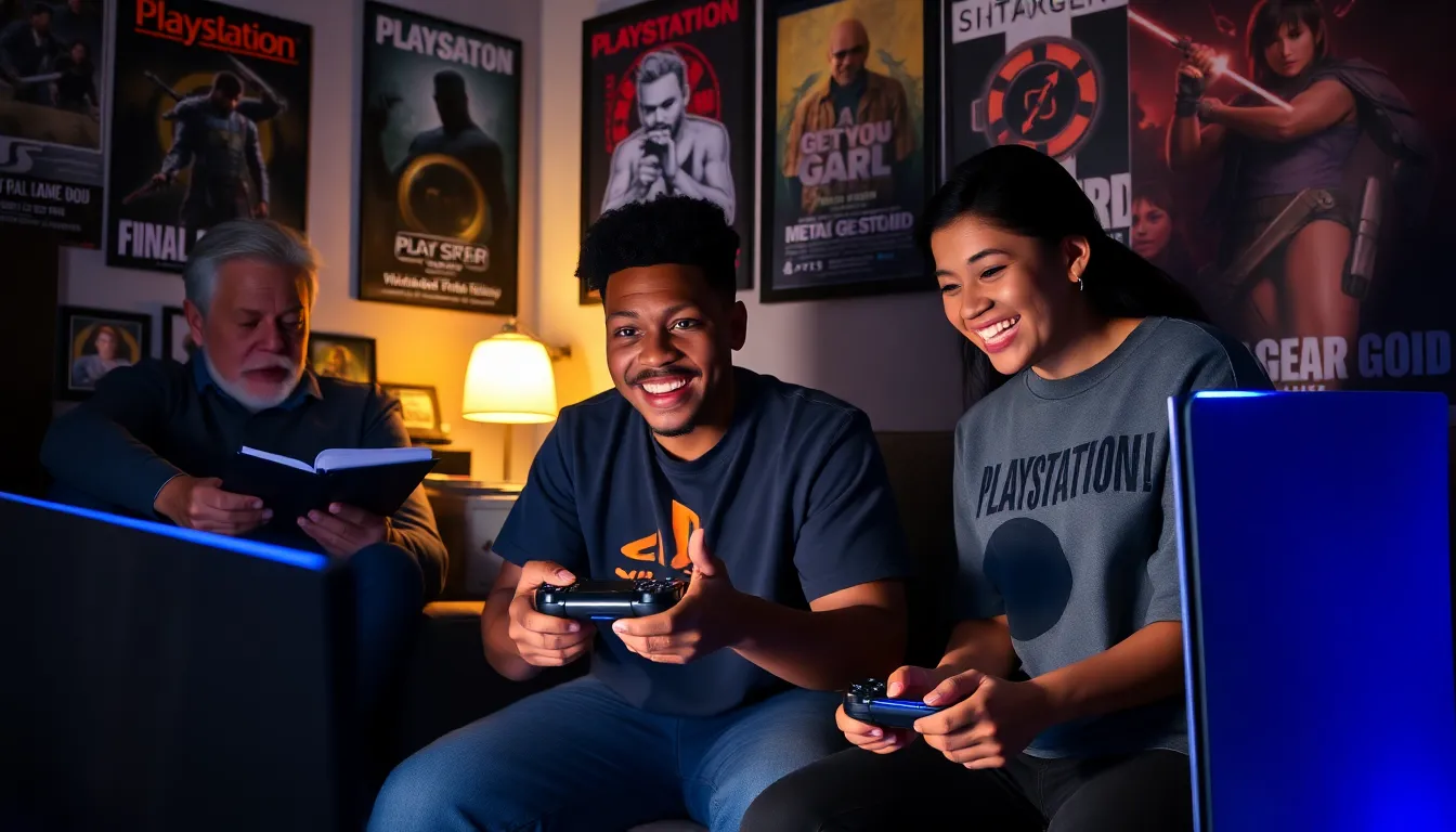 a group of gamers gathered around a PlayStation 5 console in a nostalgic setting.