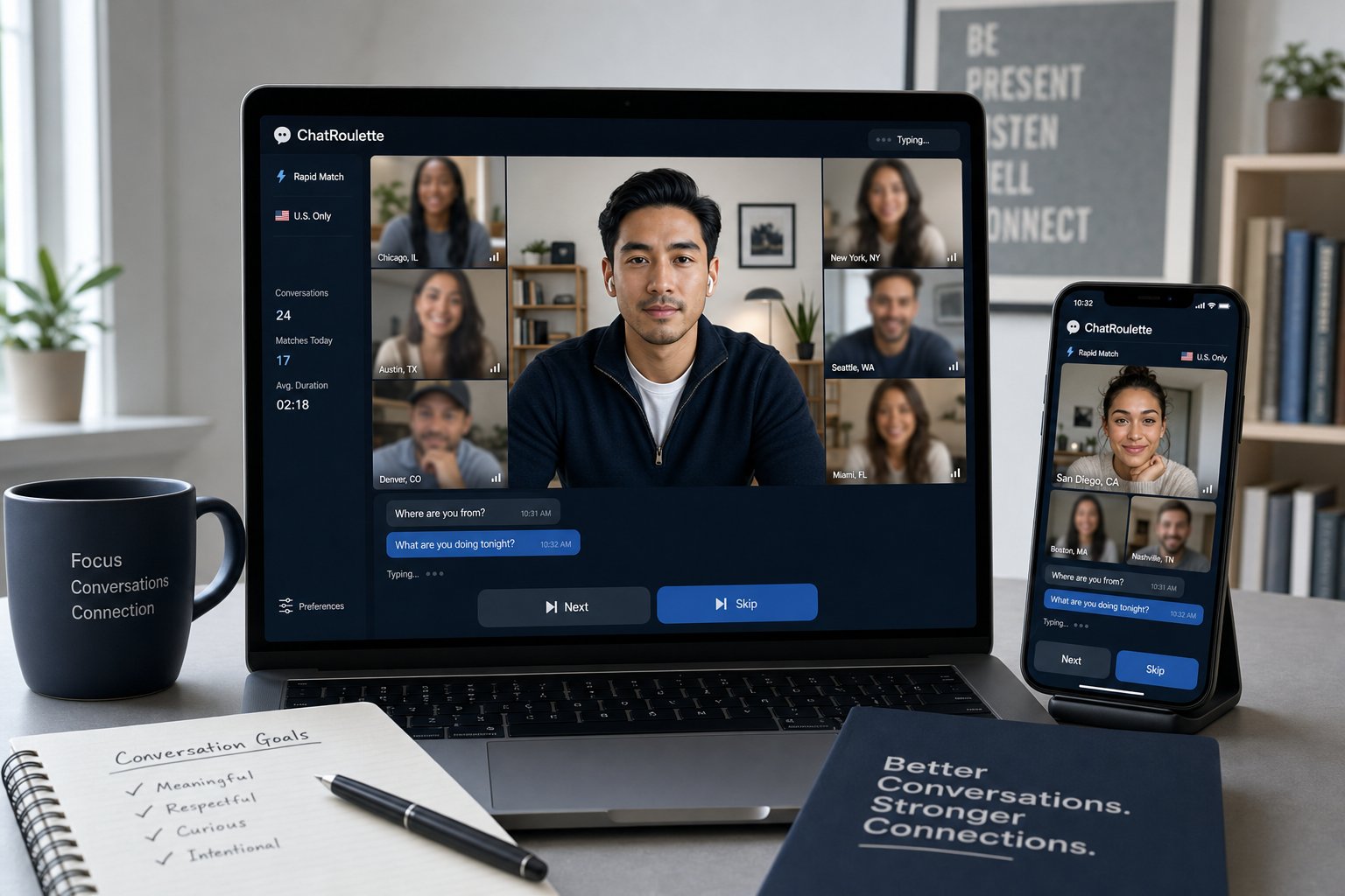 Person reviewing a roulette video chat app on laptop with mixed matches.