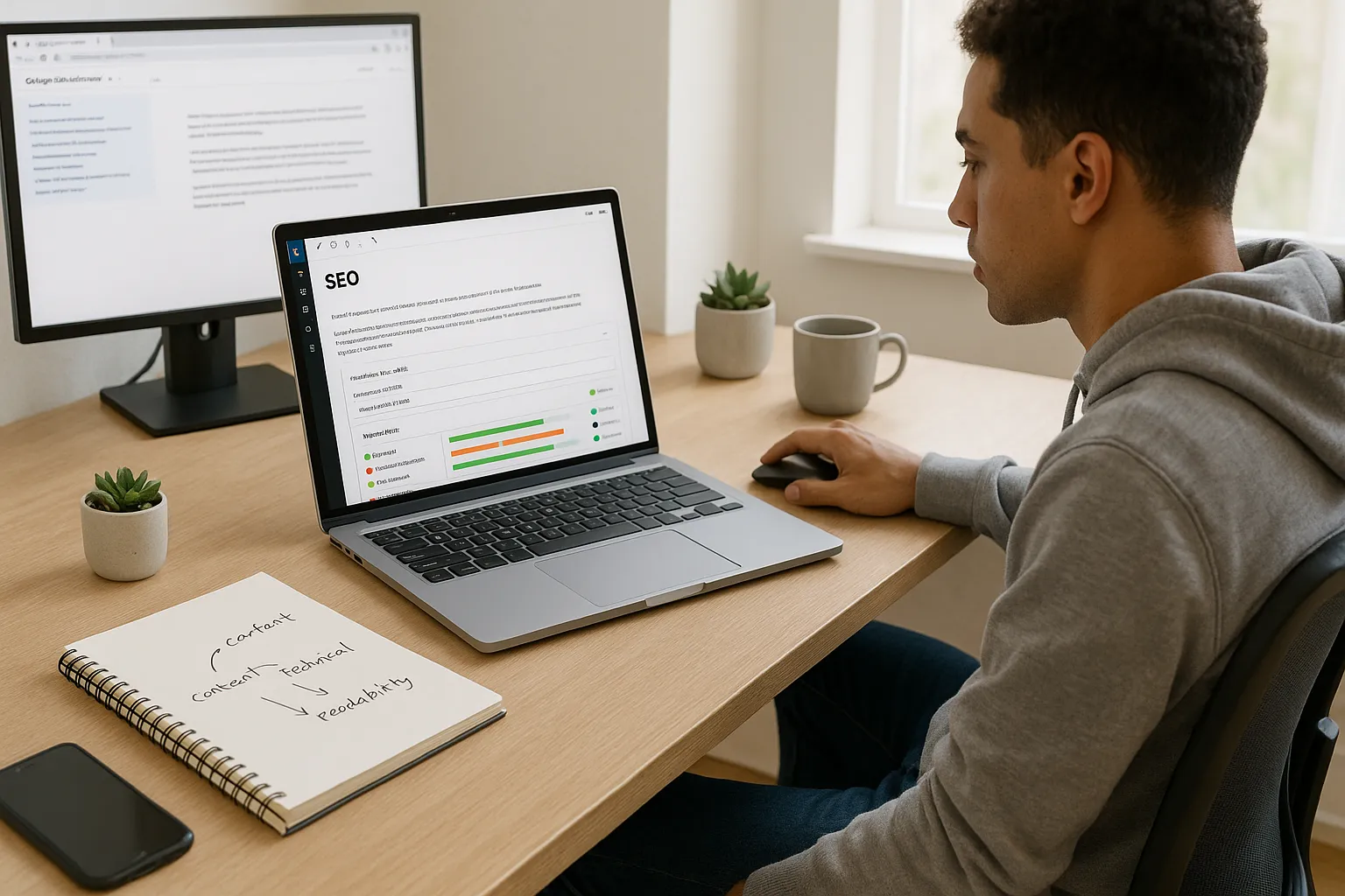 Marketer reviews a Yoast SEO audit panel in WordPress on a laptop screen.
