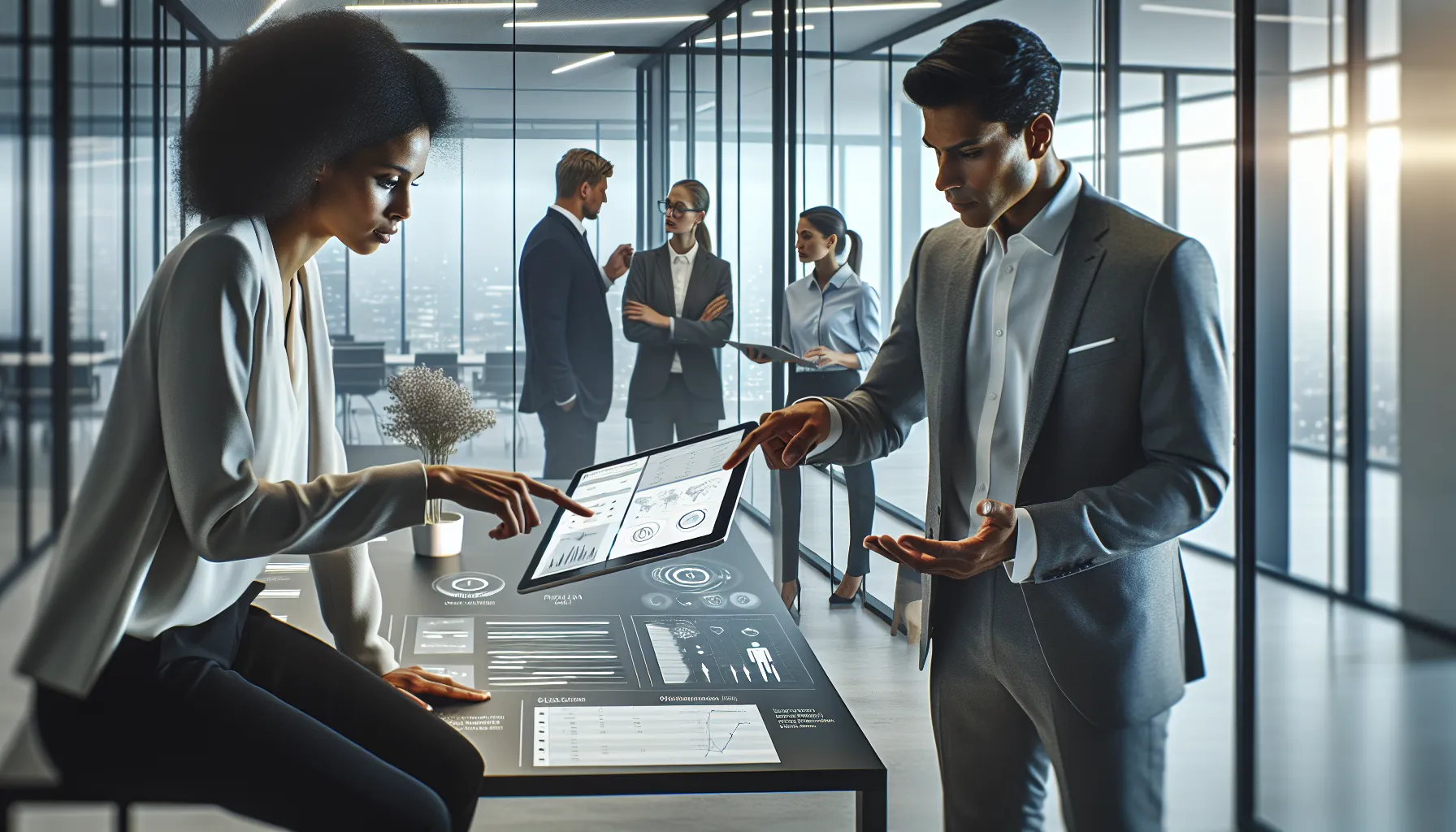 diverse team discussing logistics and software data in a modern office.