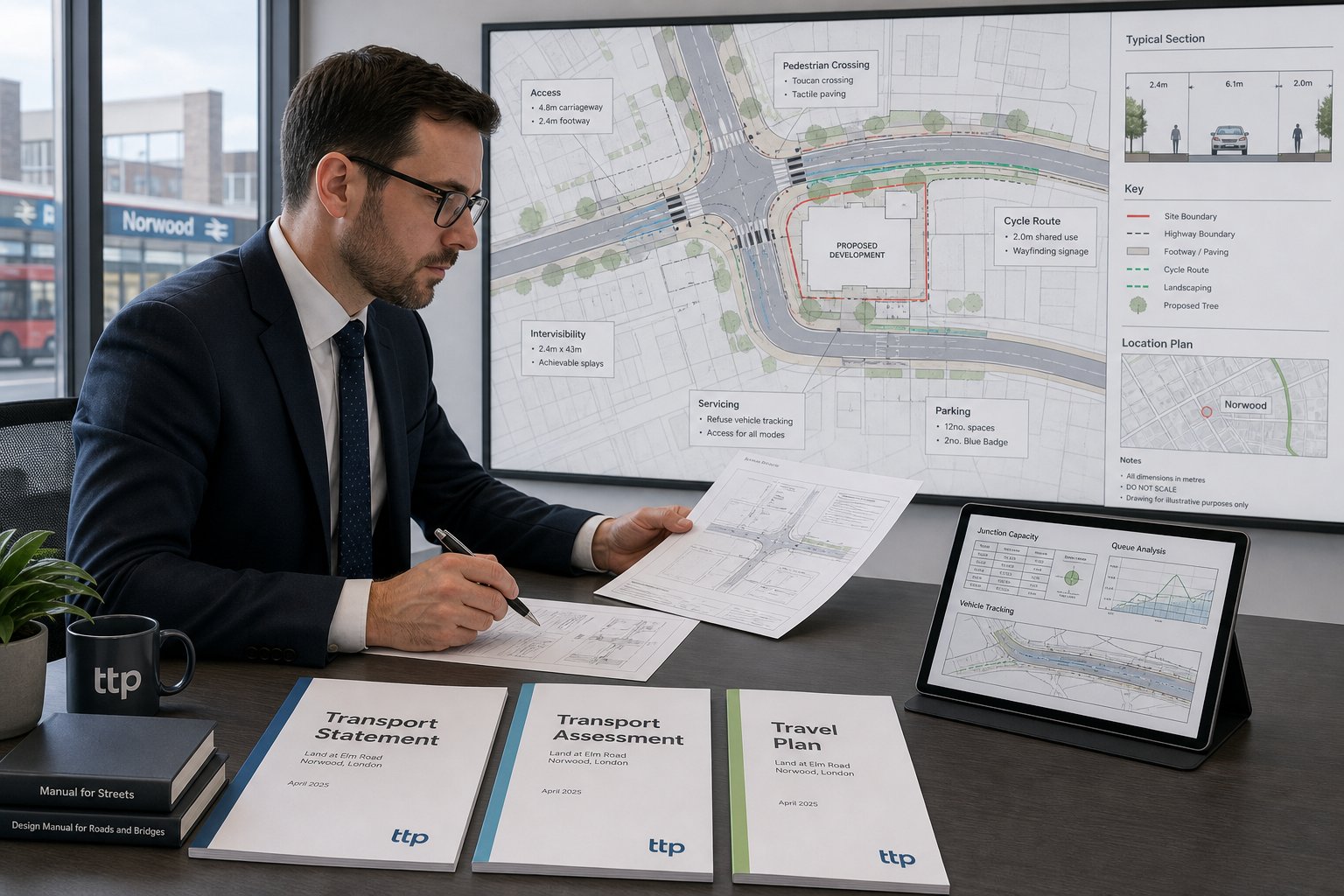 Traffic engineer reviewing transport planning reports and junction analysis in a modern office.