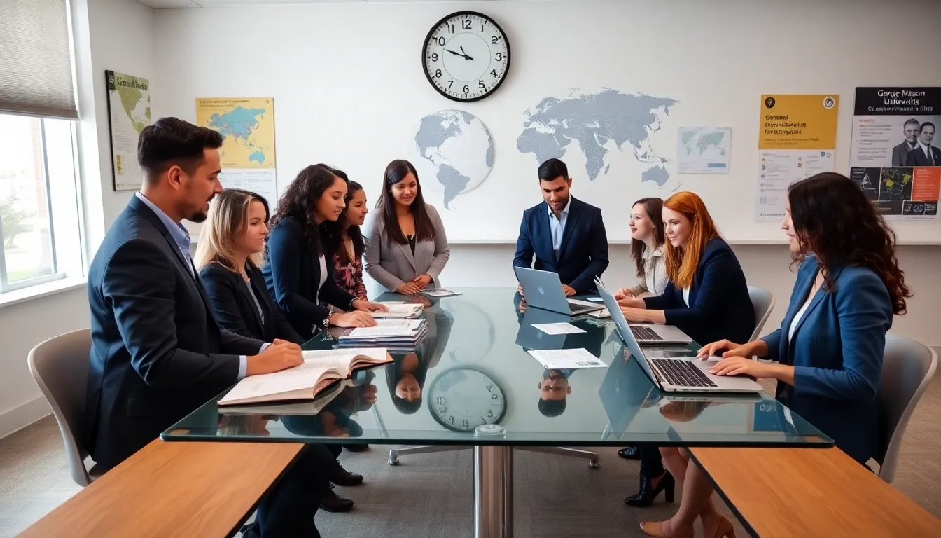 Diverse students discussing global affairs in a modern classroom.
