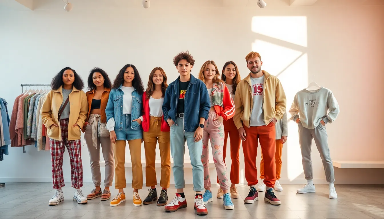 diverse young adults showcasing Gen Z clothing trends in a modern boutique.