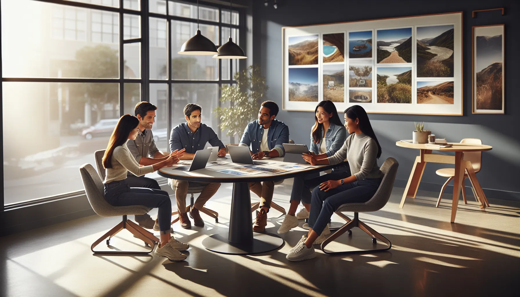 diverse group discussing outdoor adventures in a modern office.