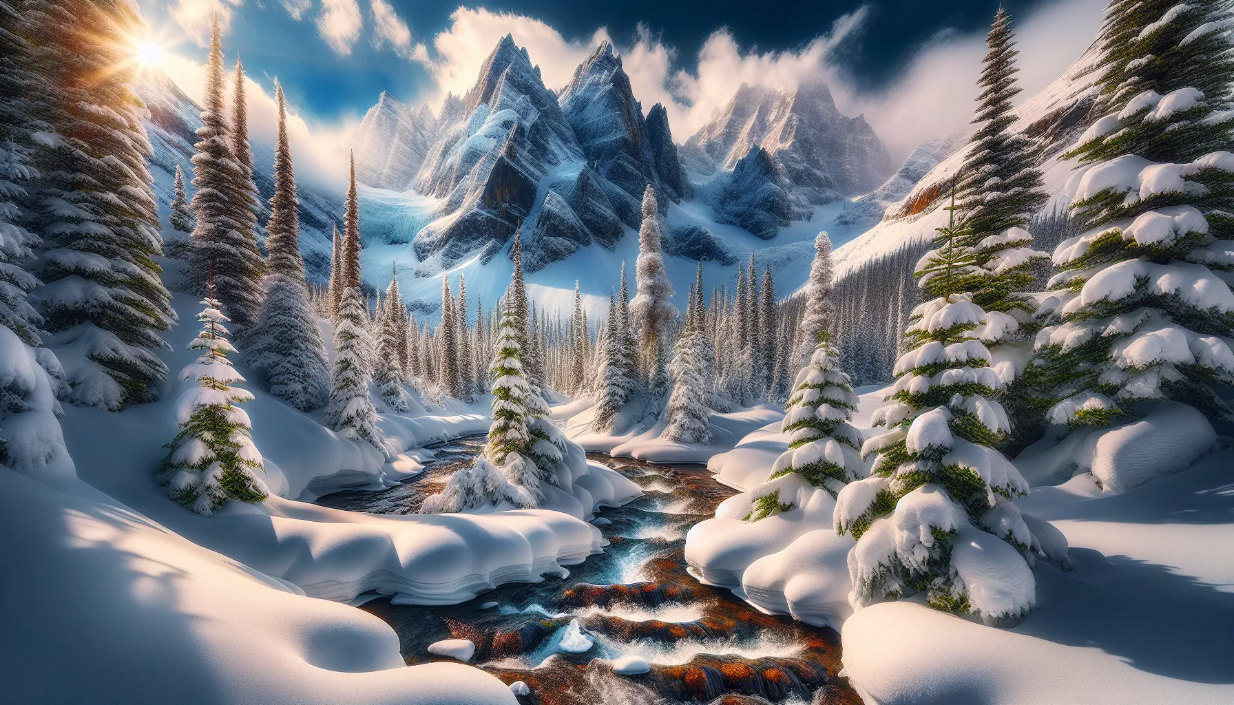 Eawodiz Mountain covered in snow with a stream flowing nearby.