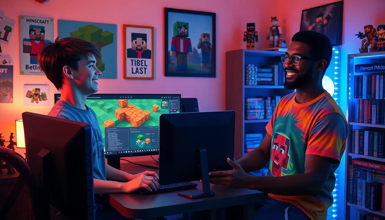 three gamers collaborating on Minecraft mods in a cozy room.