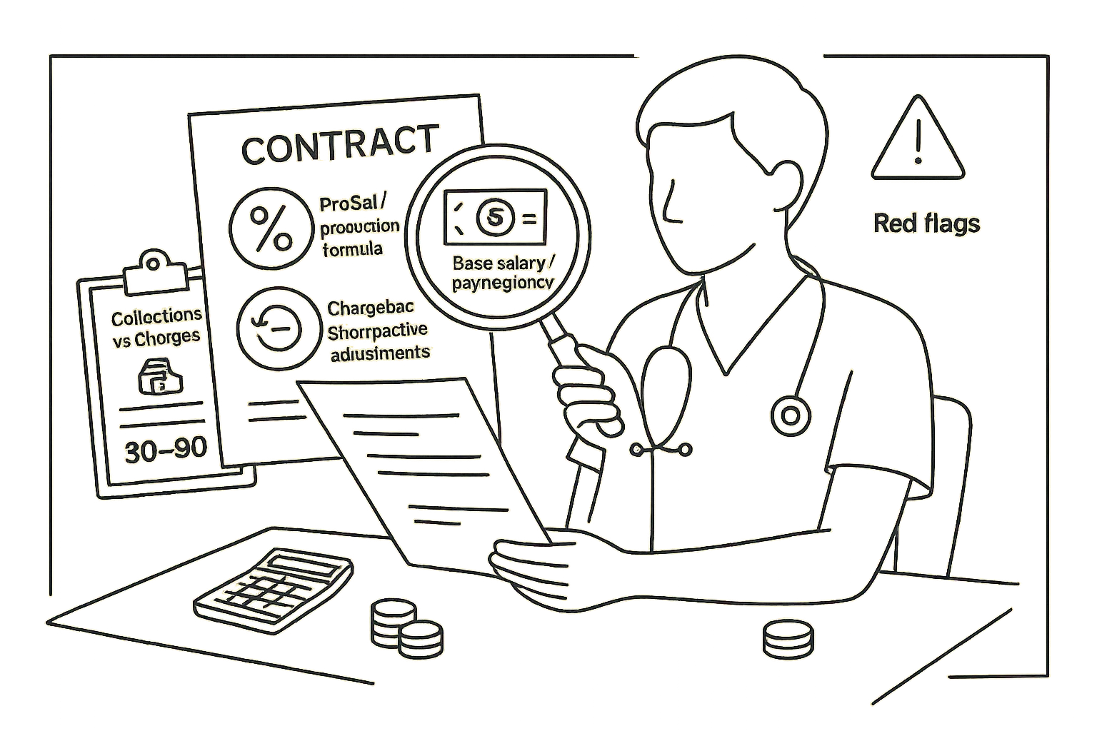 Veterinary associate examining a contract with red-flag icons and magnifying glass.