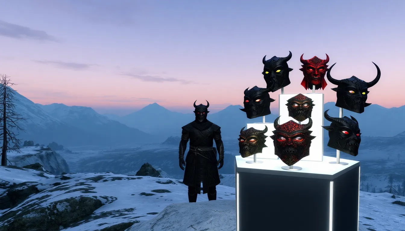Skyrim character wearing a dragon scale face mask in a snowy landscape.