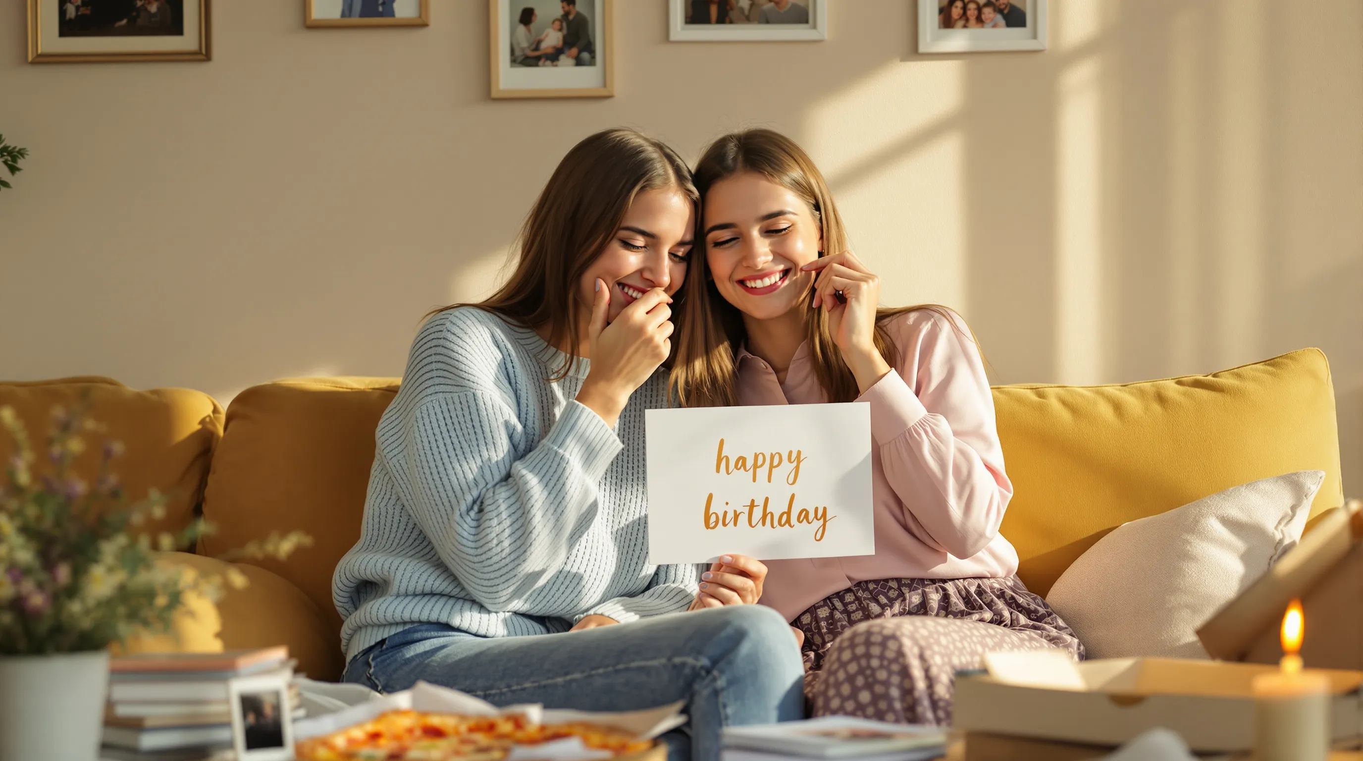 Two best friends exchanging a heartfelt birthday card in a cozy living room.