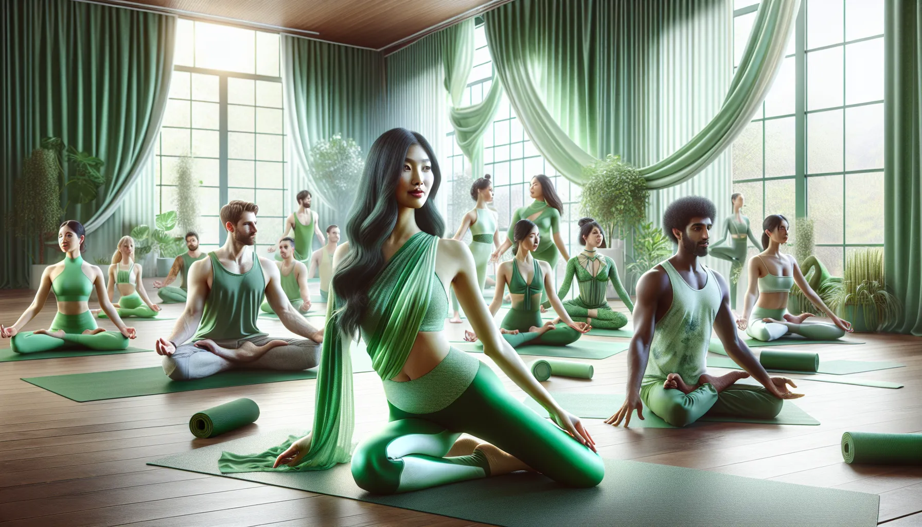 diverse group practicing Emerald Aura Yoga in a serene studio.