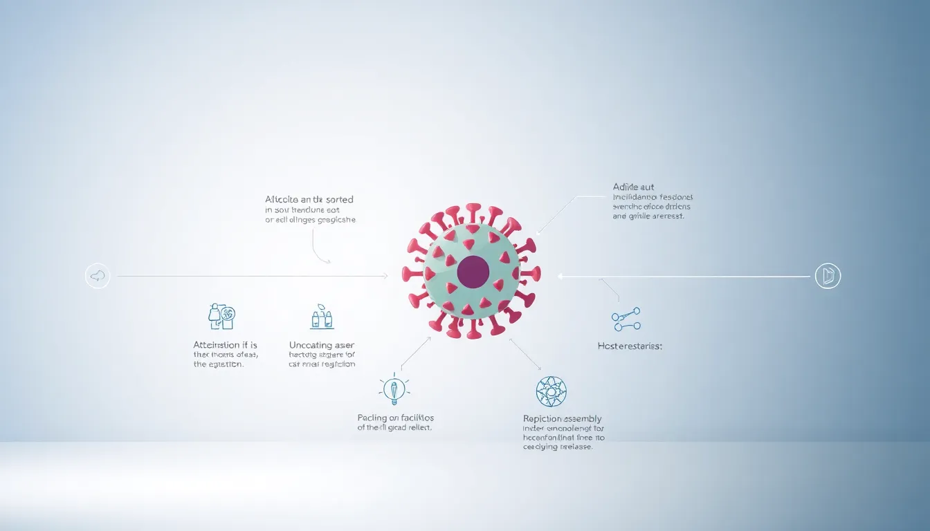 Infographic illustrating viral replication stages in a modern style.