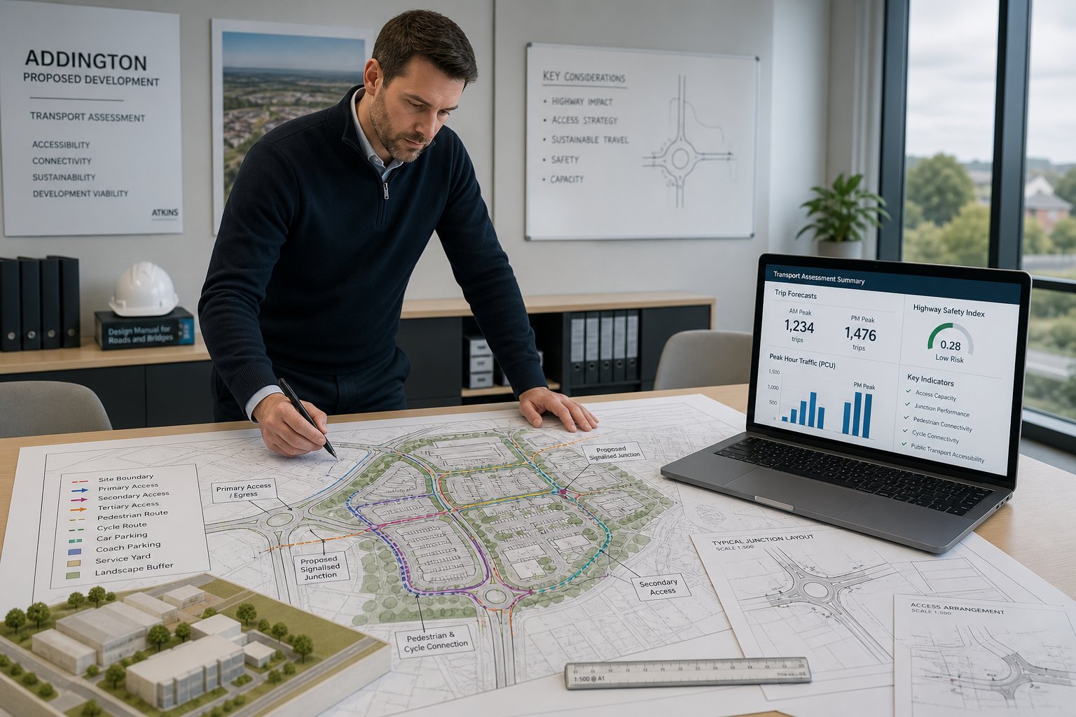 Traffic engineer reviewing development transport plans in a modern office.