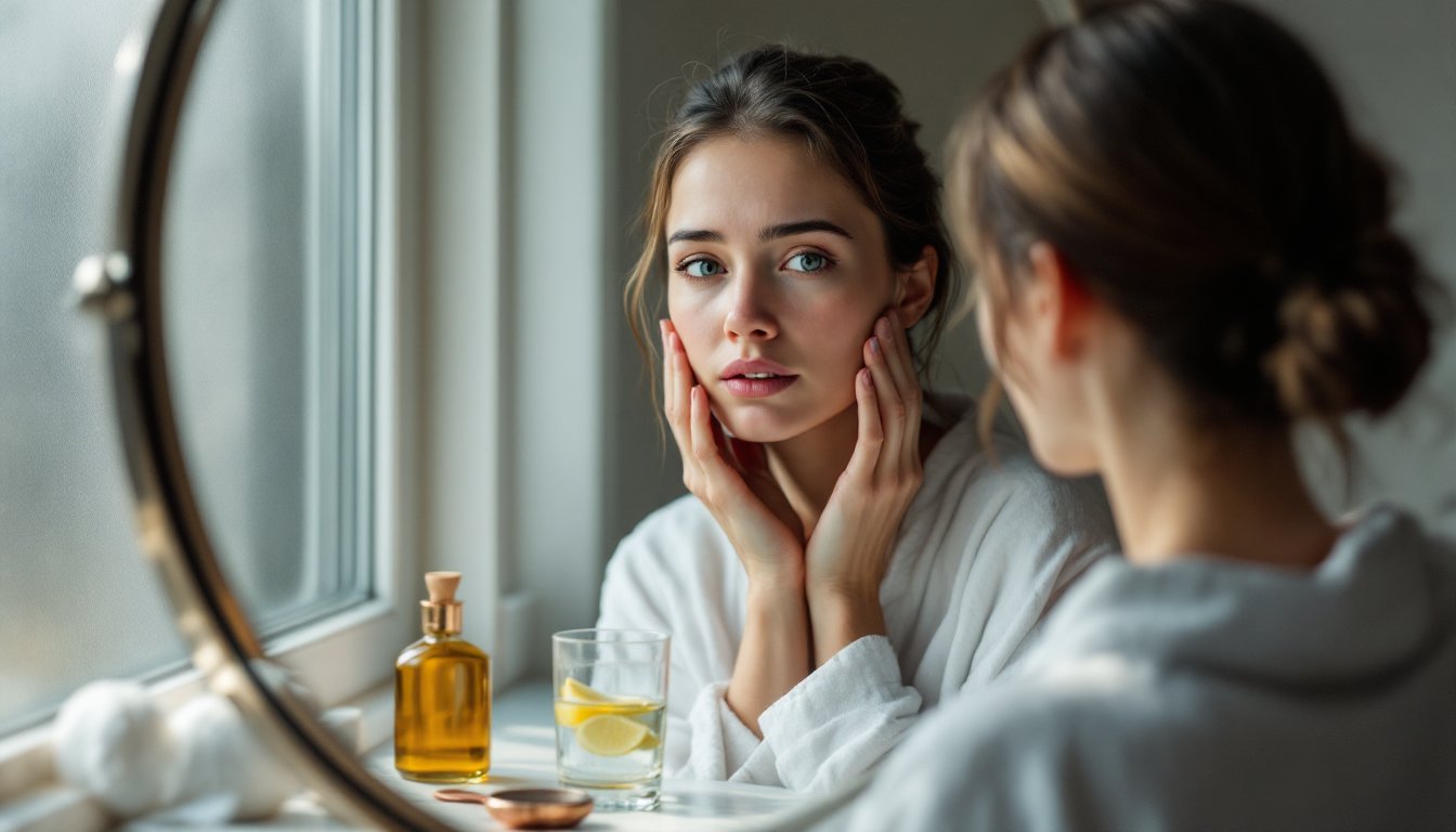 Tired woman examining dull skin and dark under-eye circles in a bathroom mirror at morning.