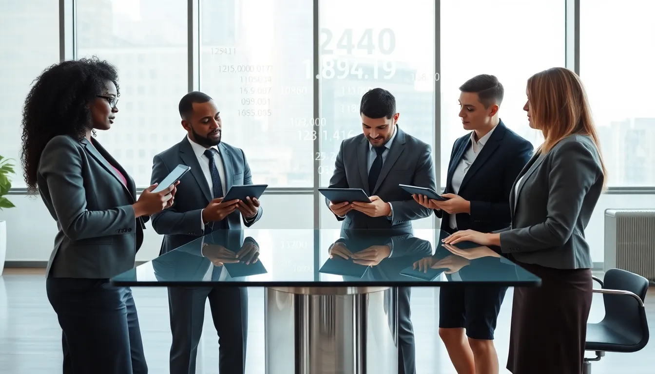 diverse professionals discussing the significance of a number in a modern office.