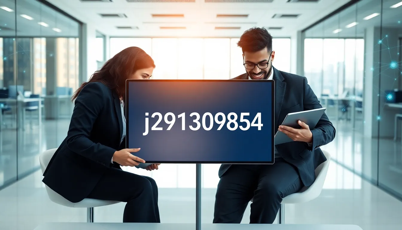 Digital interface showing the code Ej291309885au in a modern office.