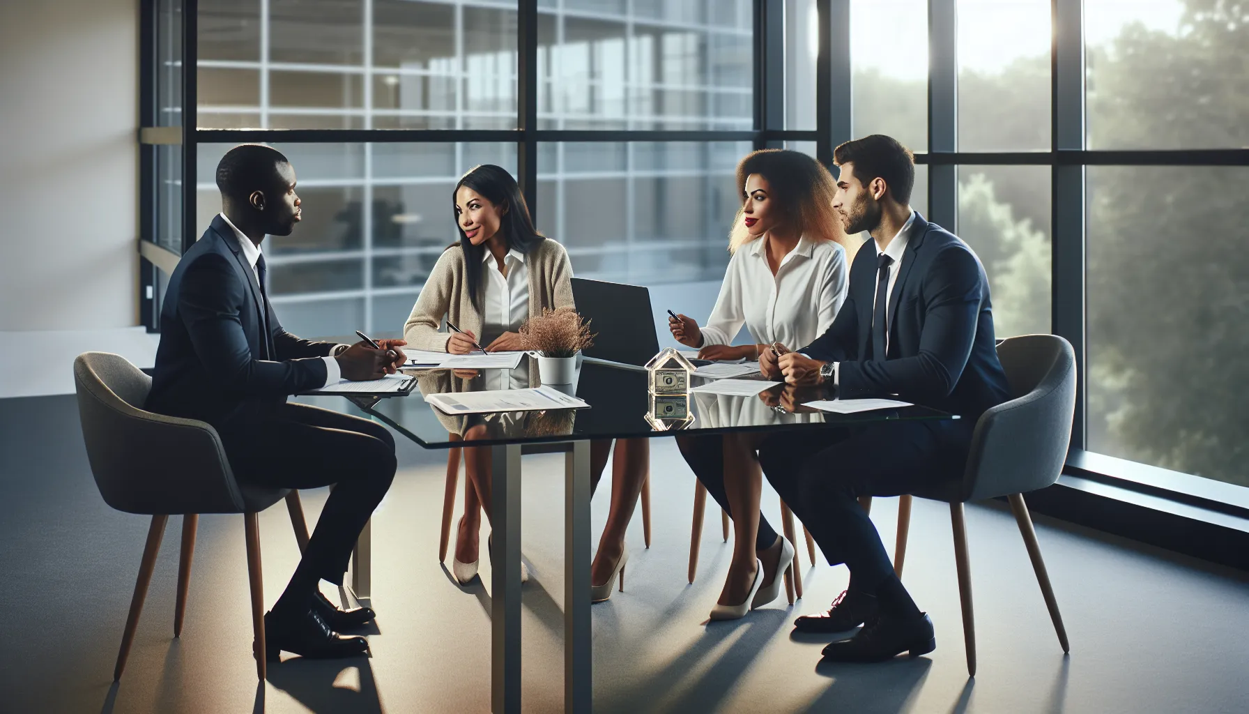 Diverse financial professionals discussing loan eligibility in a modern office.