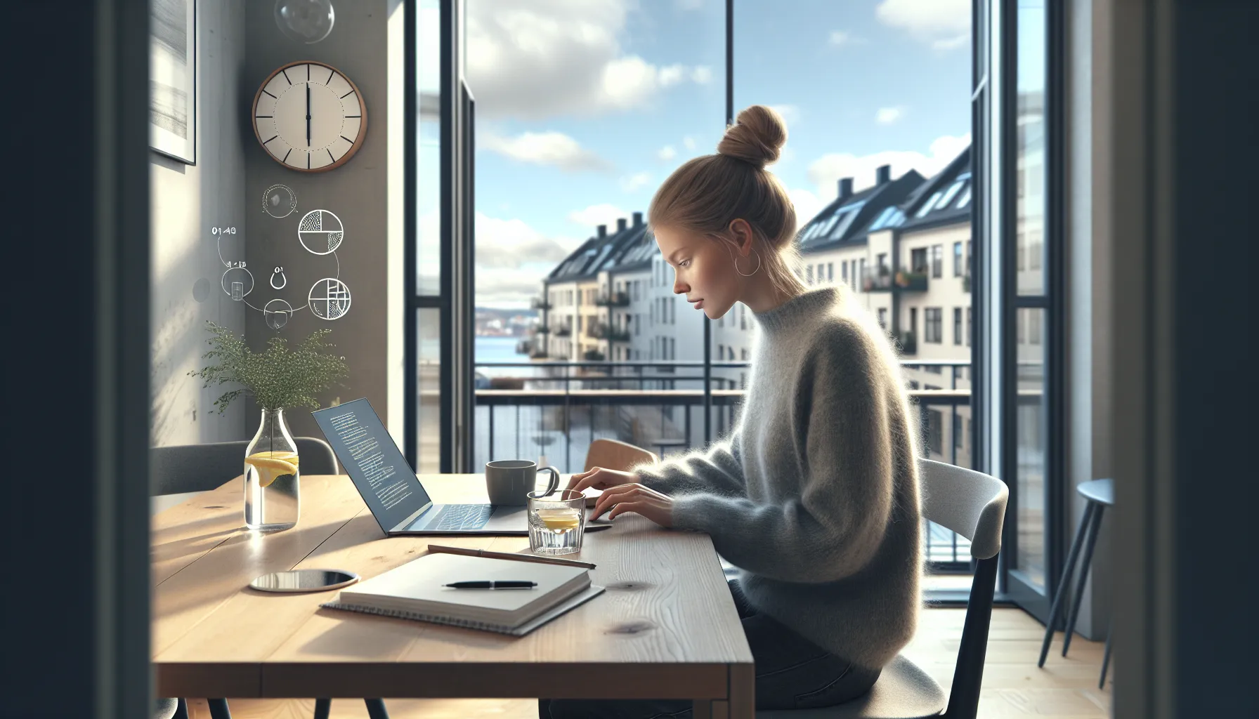 Focused norwegian woman working at a table with water and coffee while fasting.