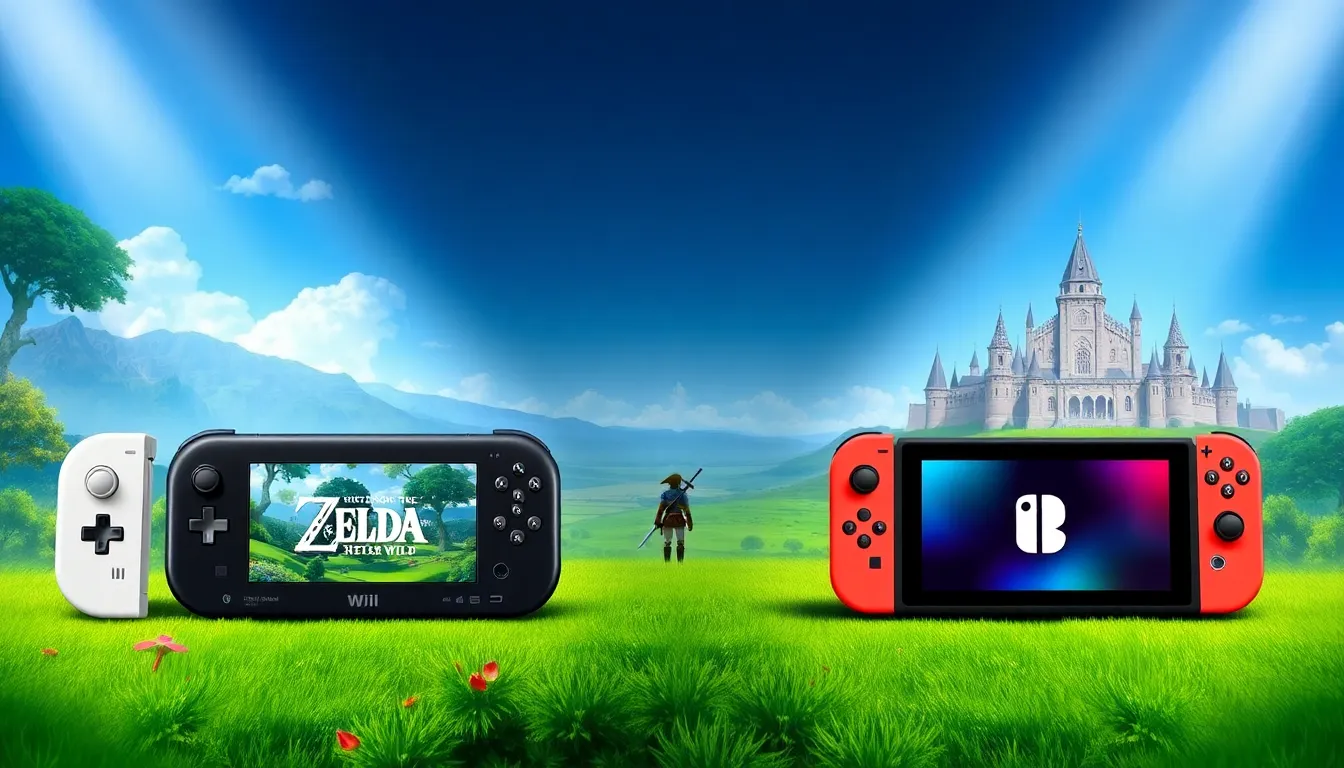 Comparison of Wii U and Switch consoles with Hyrule landscapes.