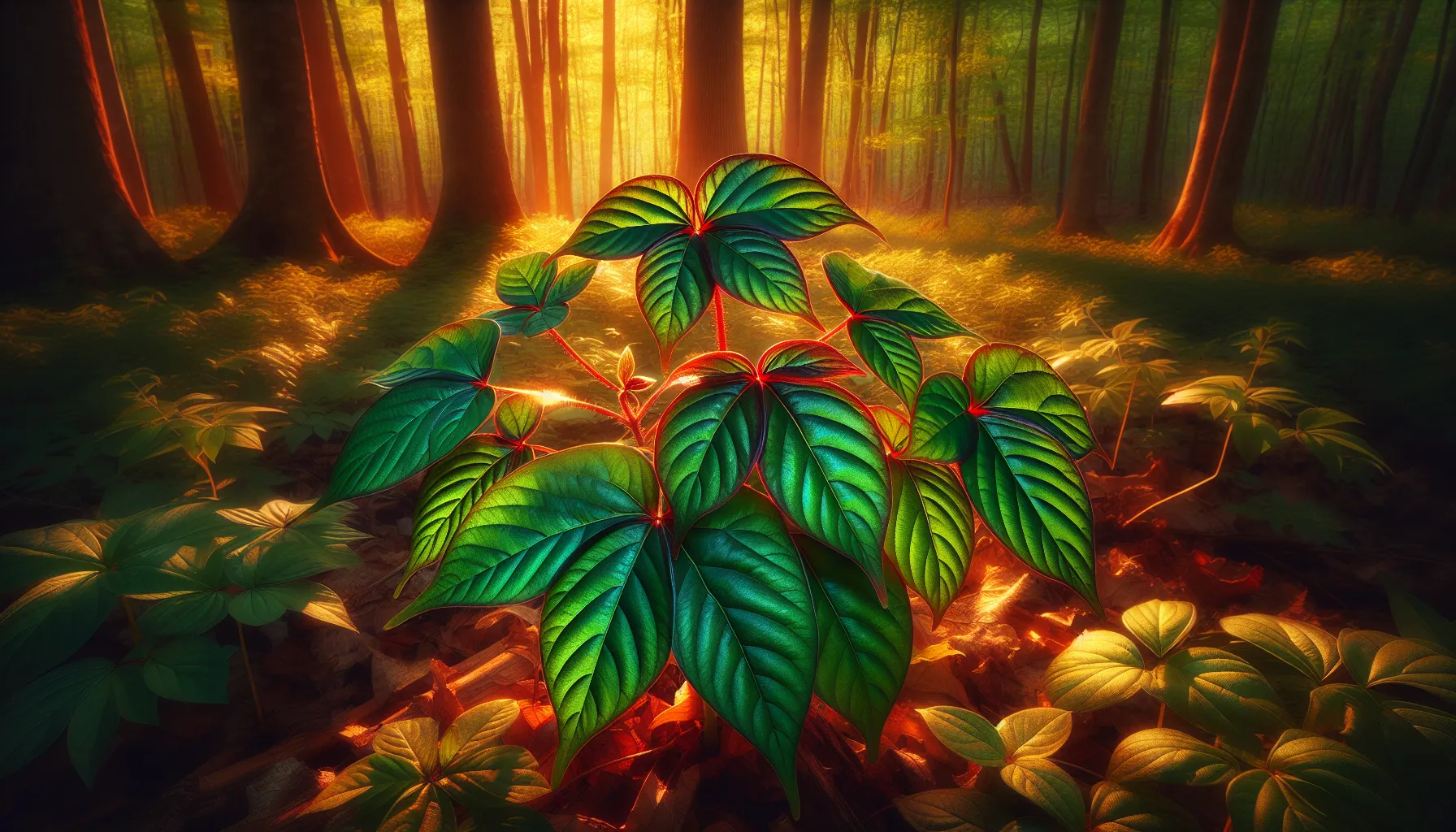 close-up of poison ivy plant in a sunlit forest.