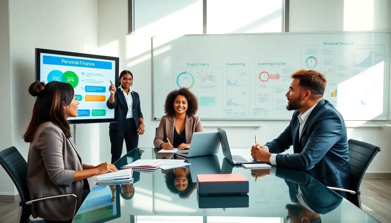 professionals engaged in a personal finance workshop in a modern classroom.