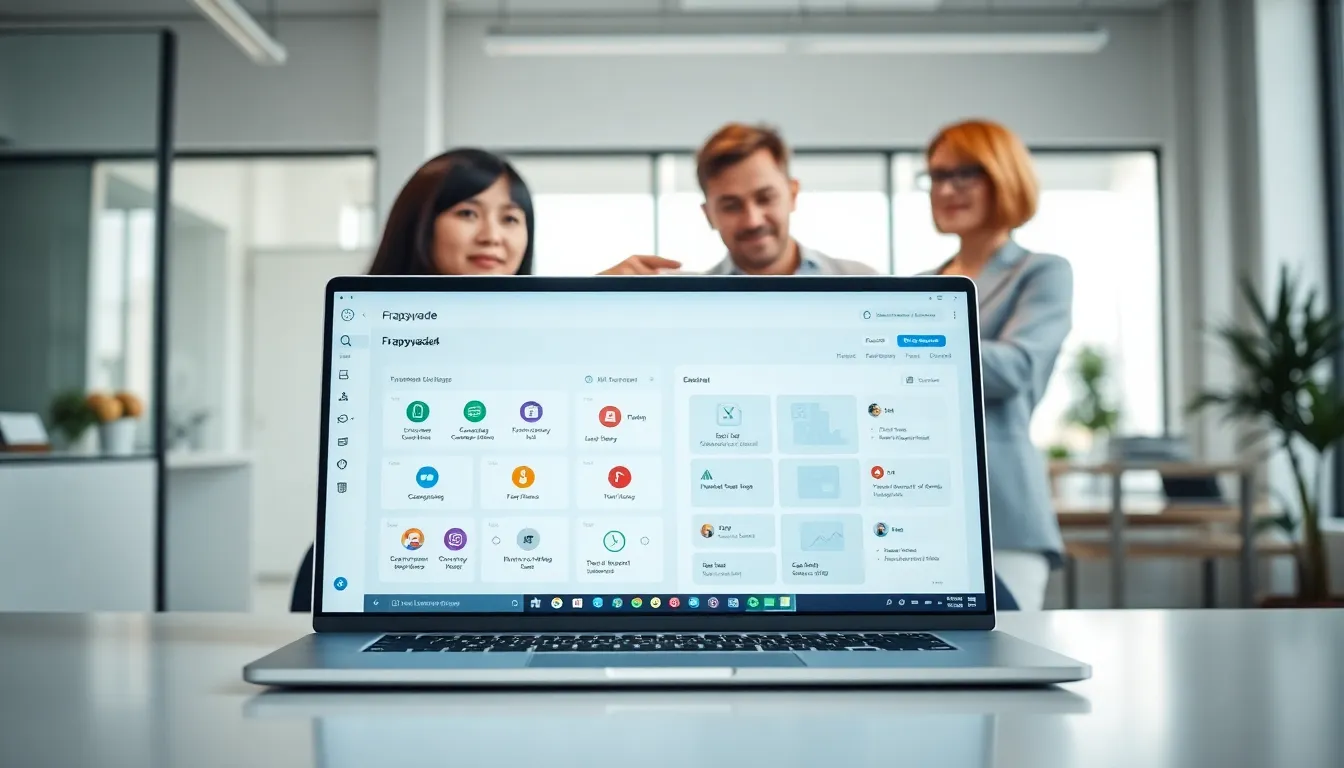 diverse team collaborating on a digital tool in a modern office.