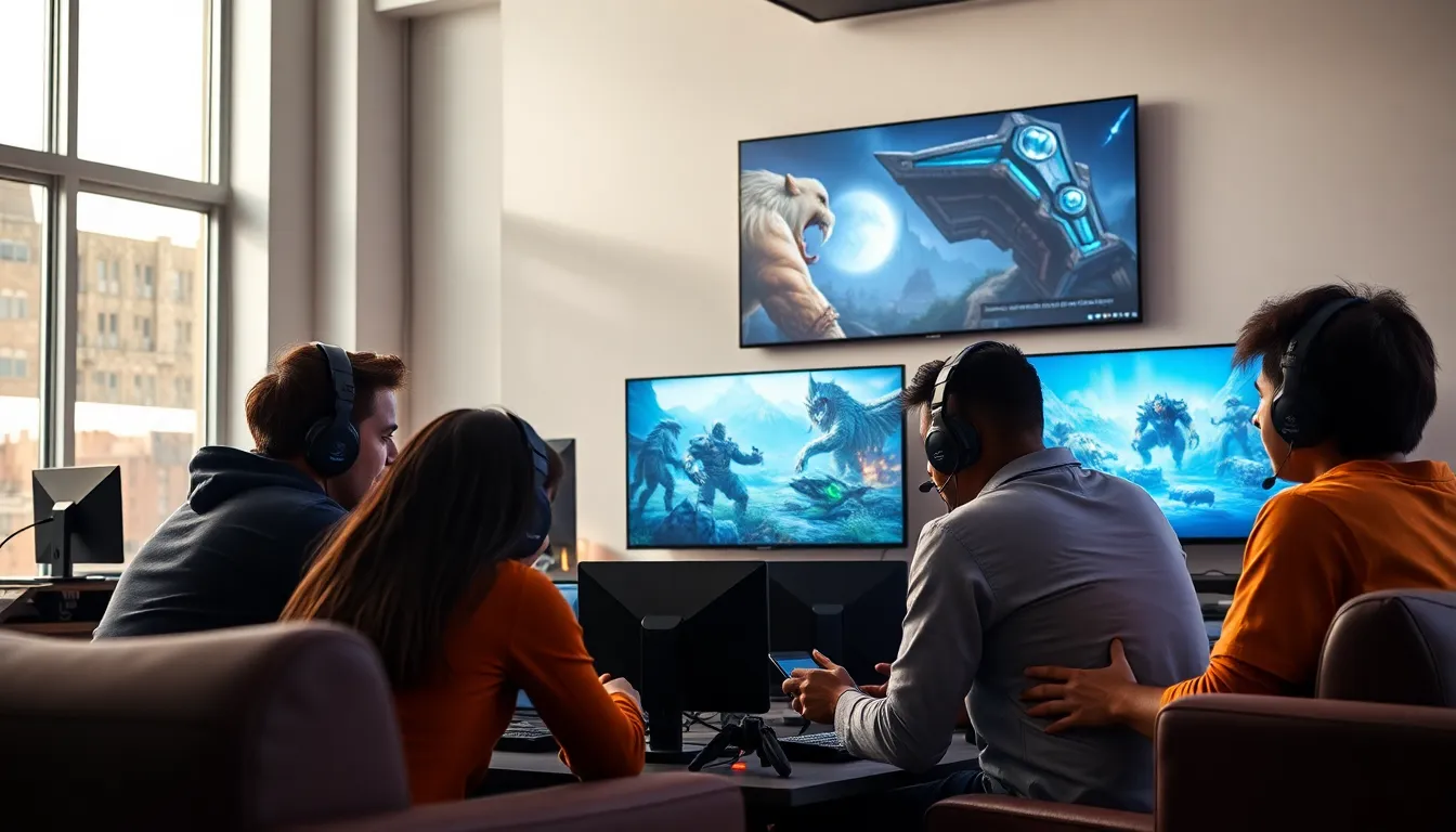 diverse gamers strategizing in a modern gaming setup.