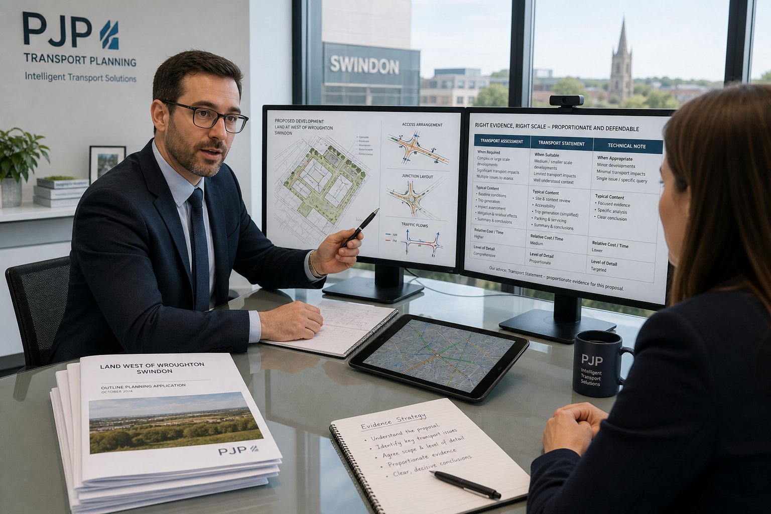 Traffic engineer reviewing transport assessment options in a modern Swindon office.