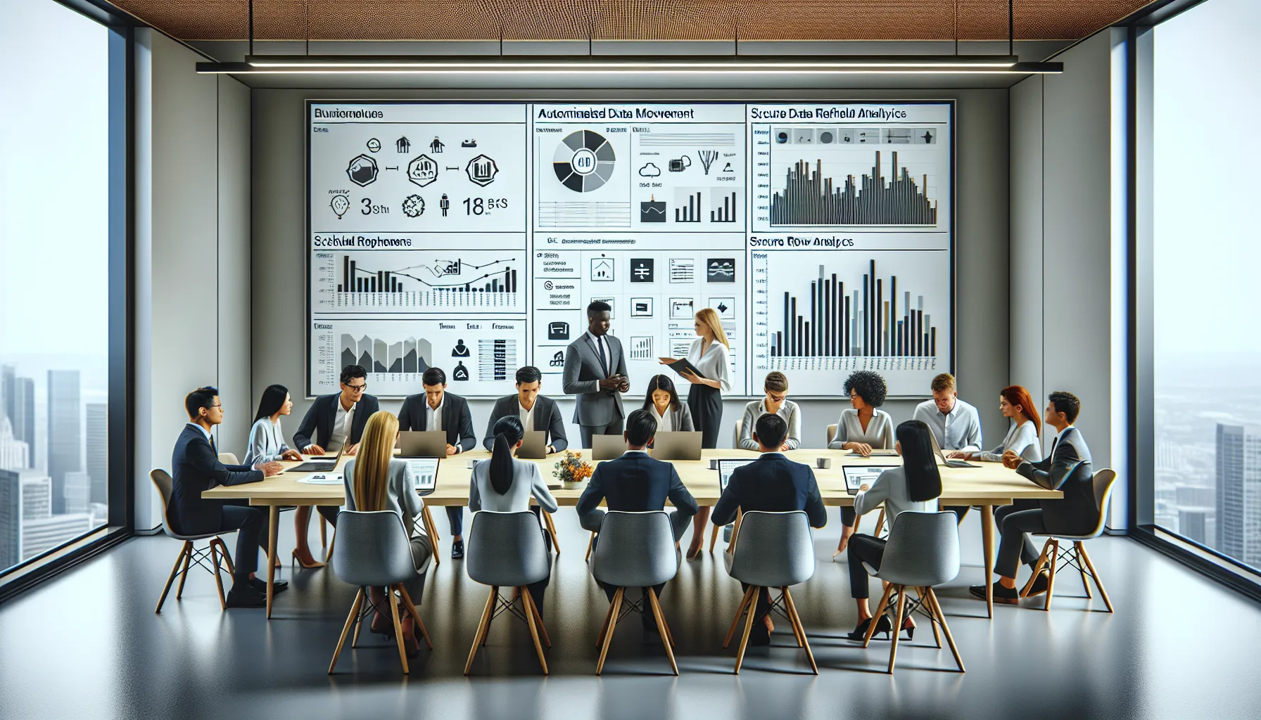 Data team in a modern office reviewing Power BI exports flowing into Excel.