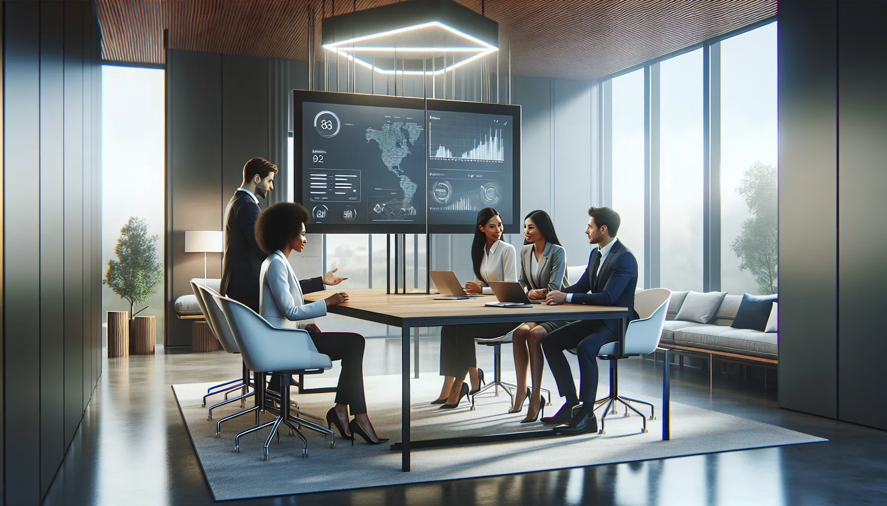 diverse professionals discussing innovative digital communication in a modern office.