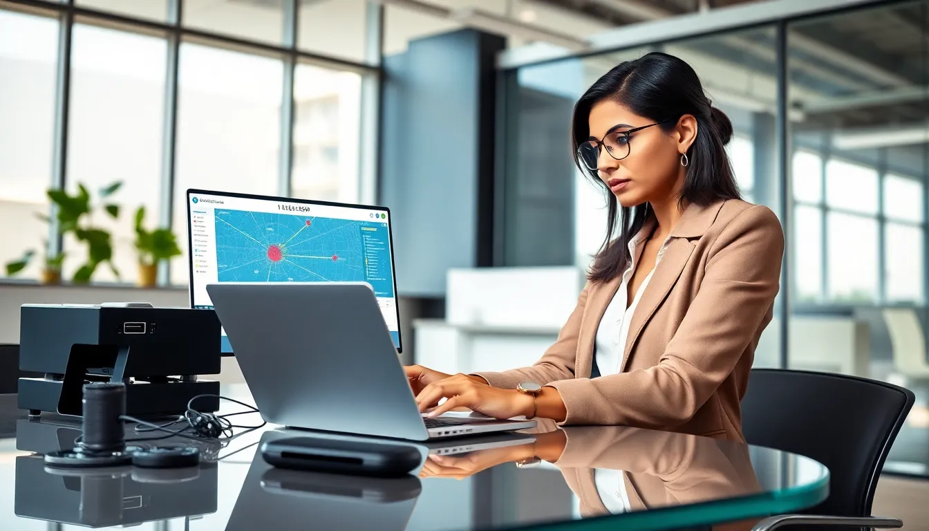 IT professional analyzing network diagrams in a modern office.