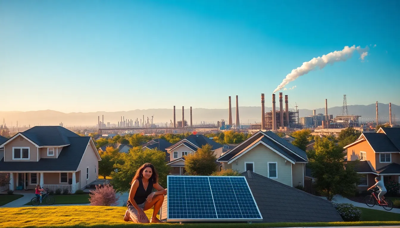A residential neighborhood with solar panels and an industrial complex in the background.