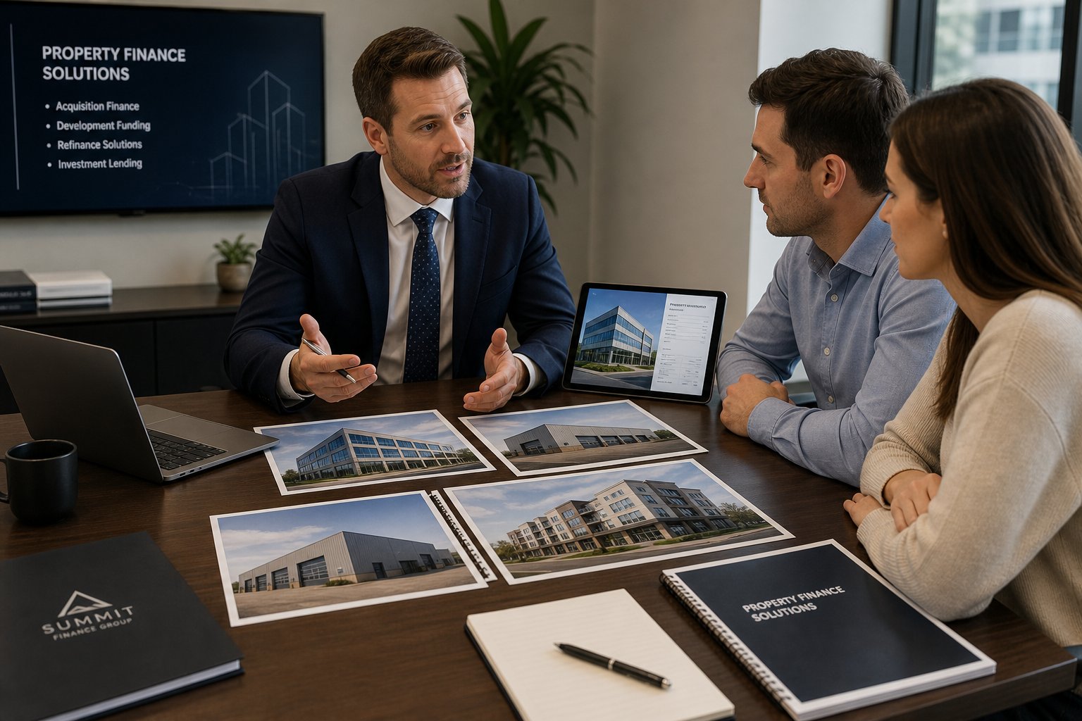 Adviser discussing finance options for office, retail, warehouse, and mixed-use commercial properties.