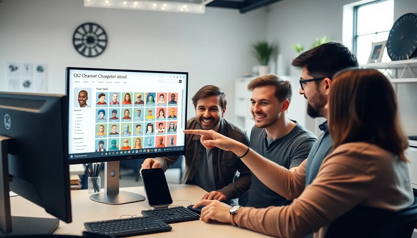 diverse group of gamers using the ck2generator tool at a modern workspace.