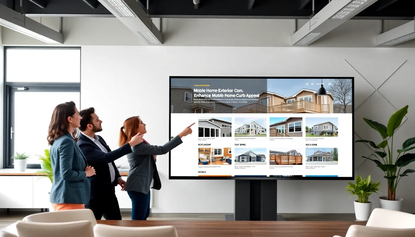 diverse team discussing mobile home exterior options in a modern office.